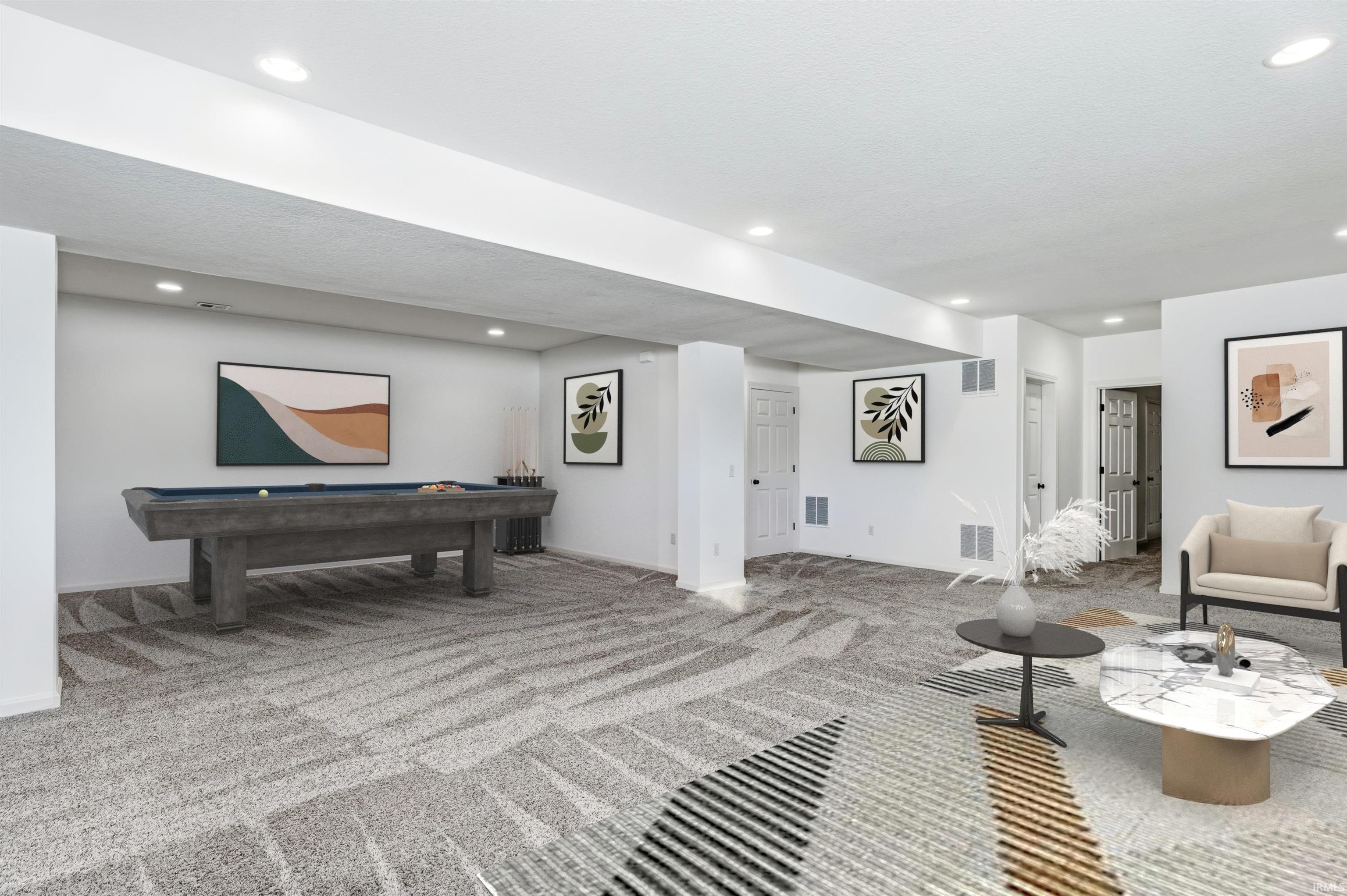 Playroom with billiards table, carpet flooring, and recessed lighting