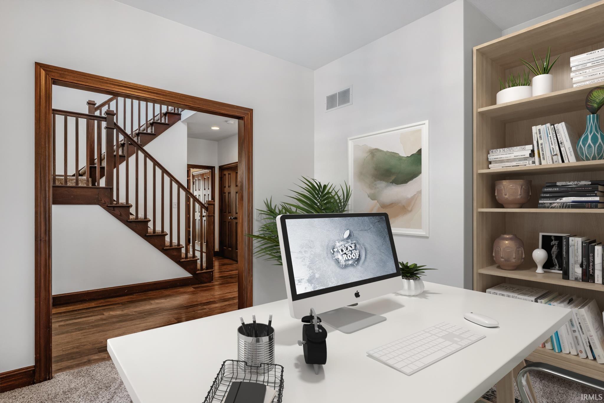 Office space with built in shelves