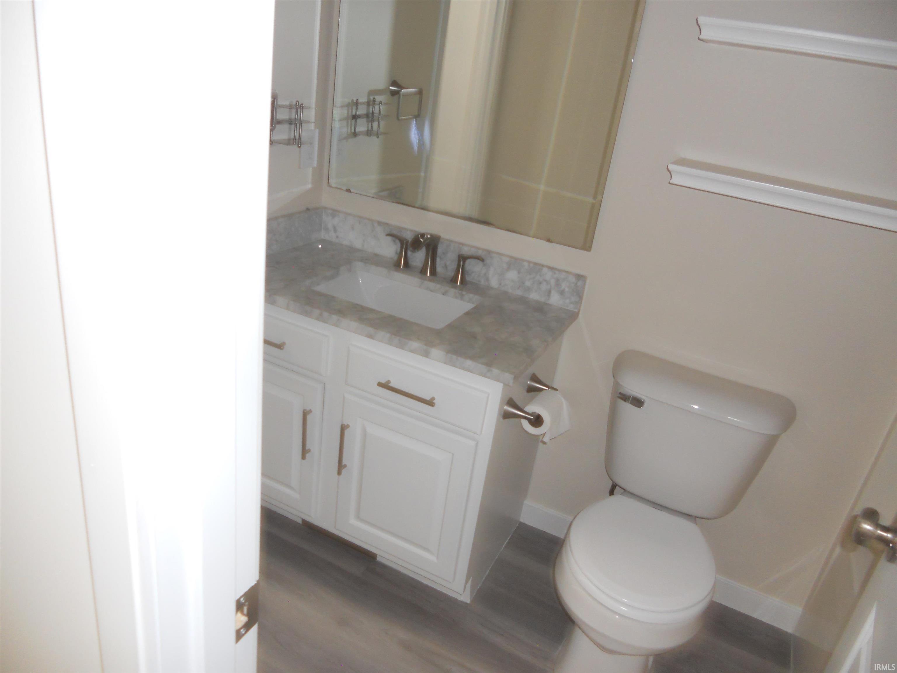 Bathroom with vanity and dark wood-style floors