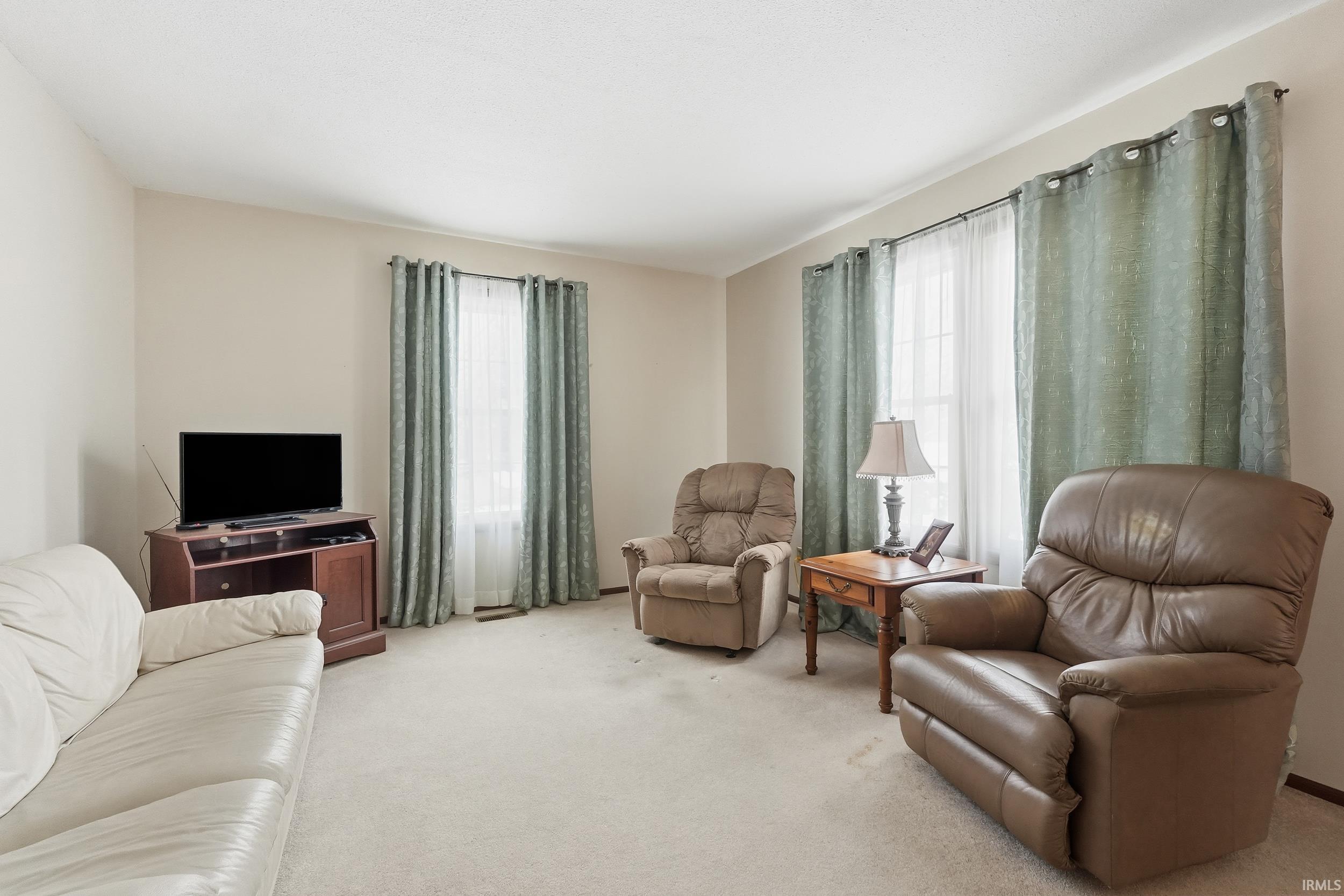 Carpeted living room with healthy amount of natural light