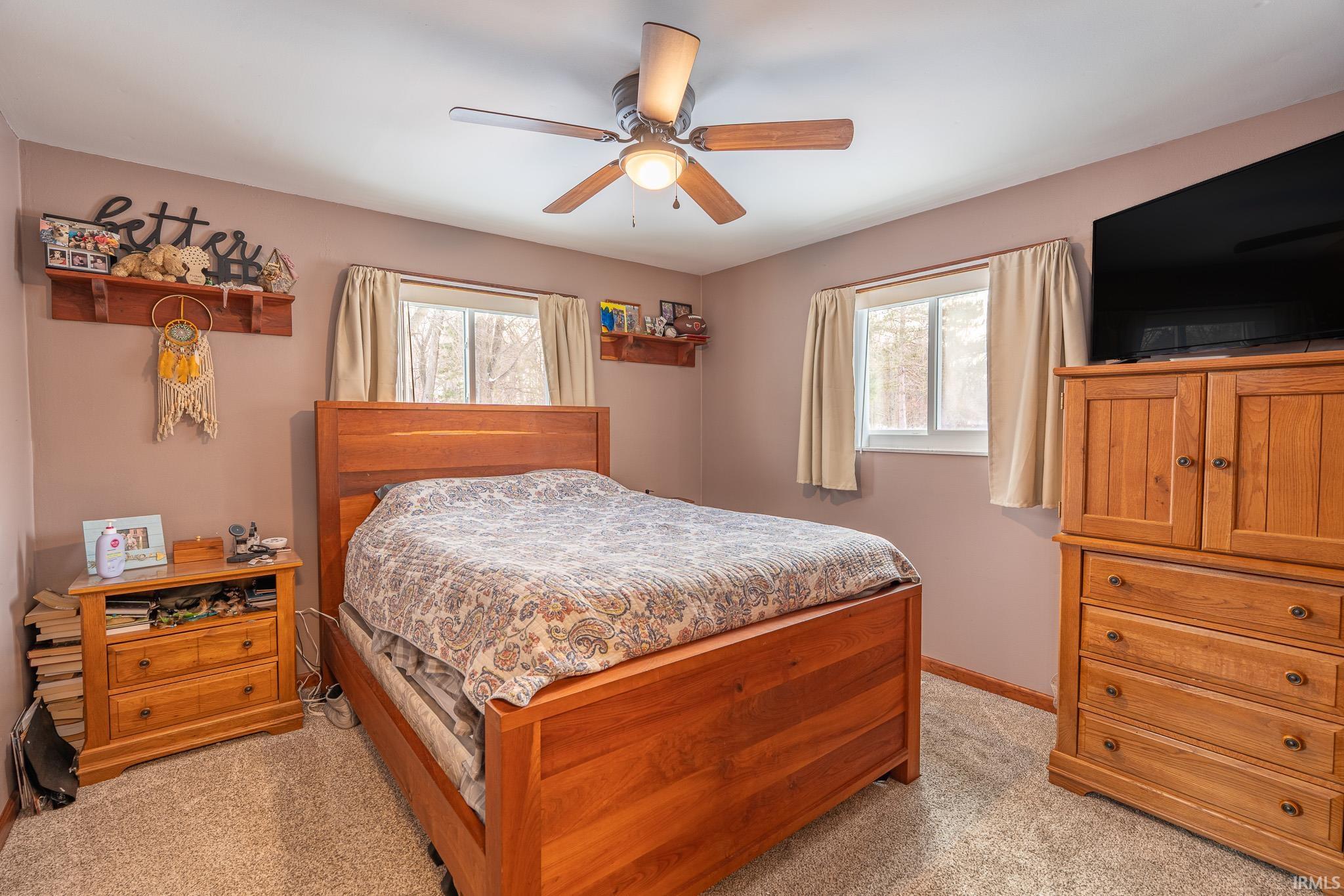 Bedroom featuring light colored carpet, a ceiling fan, and multiple windows