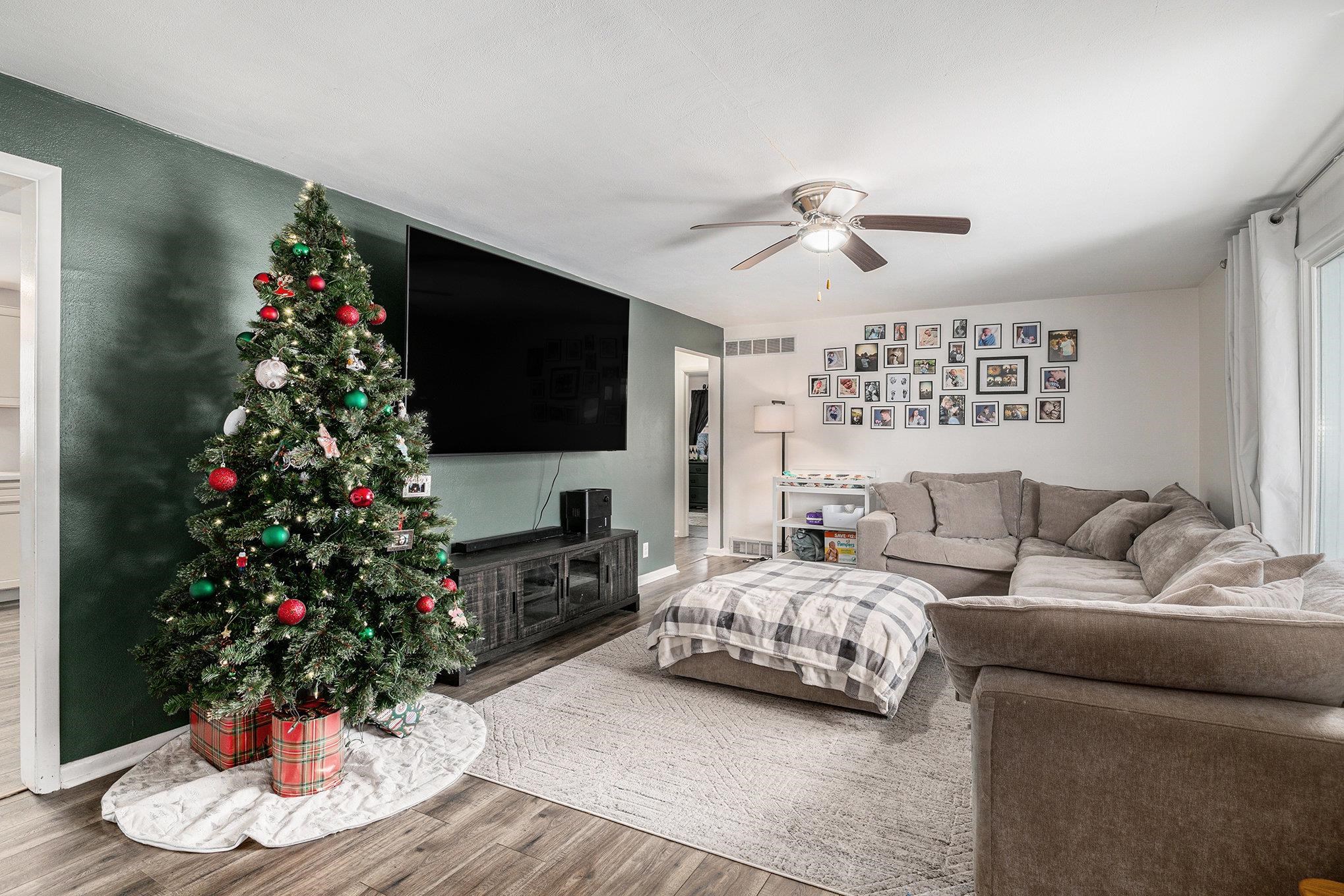 Living room with wood finished floors and a ceiling fan