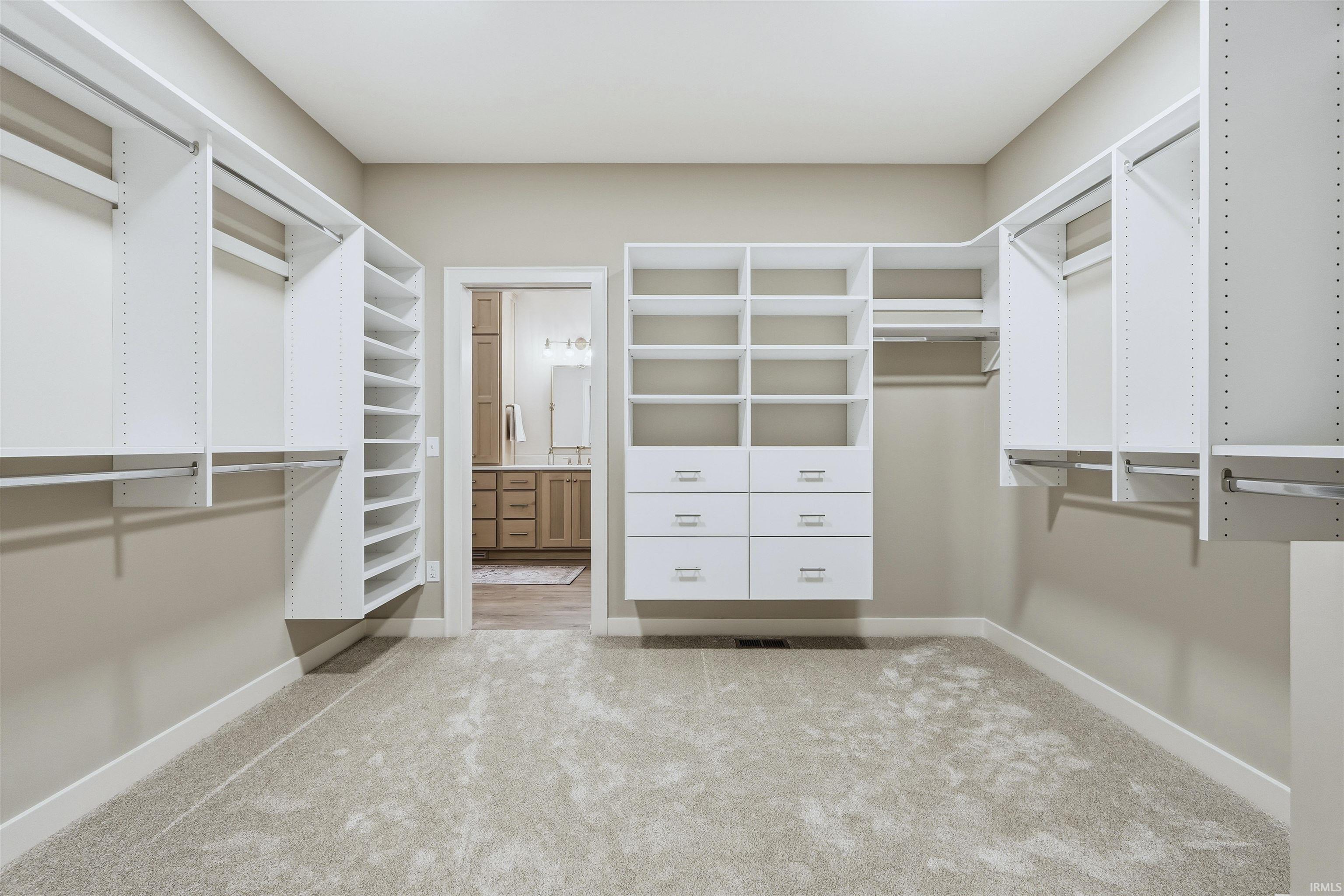 Walk in closet featuring light colored carpet