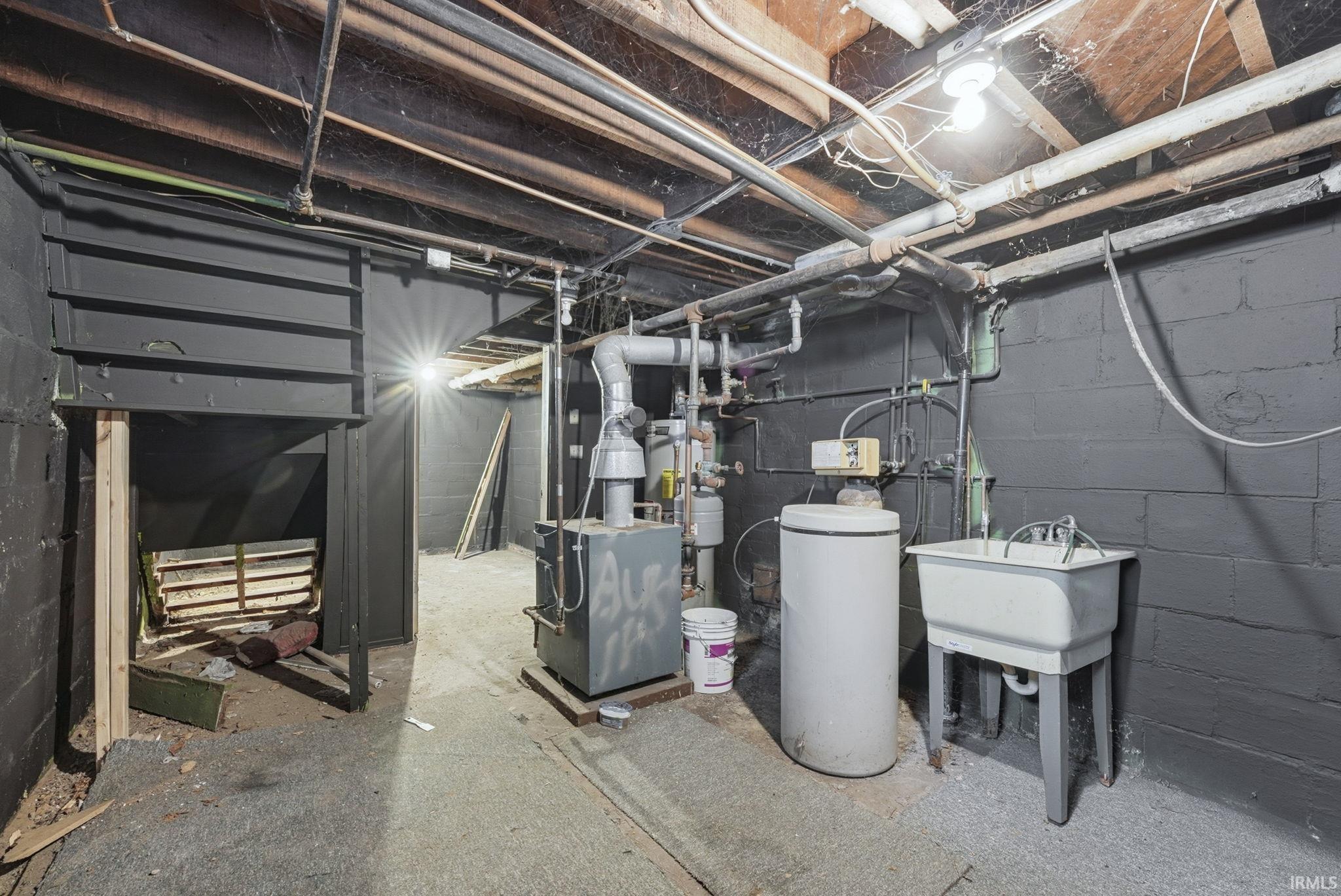 Unfinished below grade area featuring a water softener system and a sink