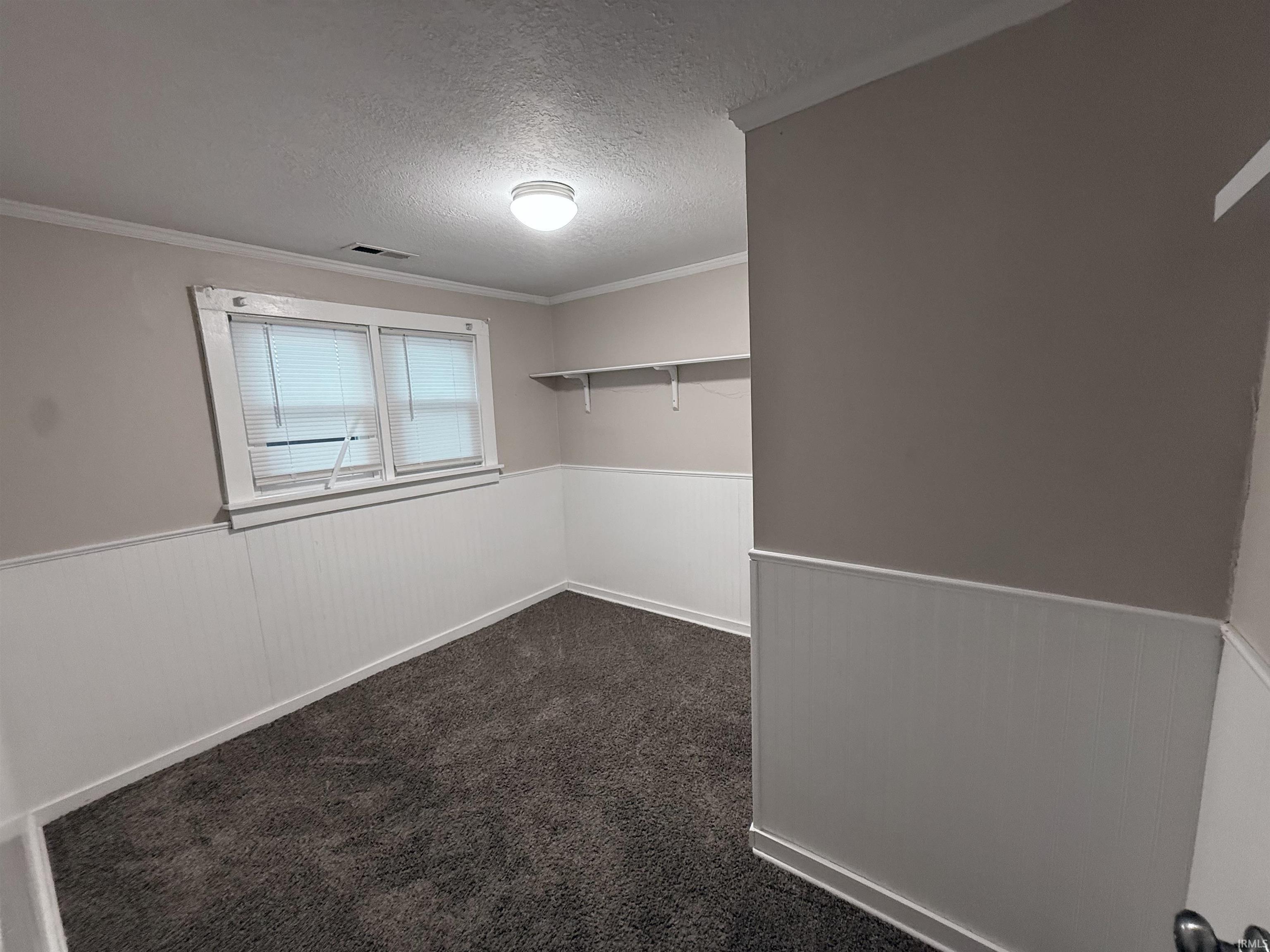 Spacious closet featuring dark colored carpet