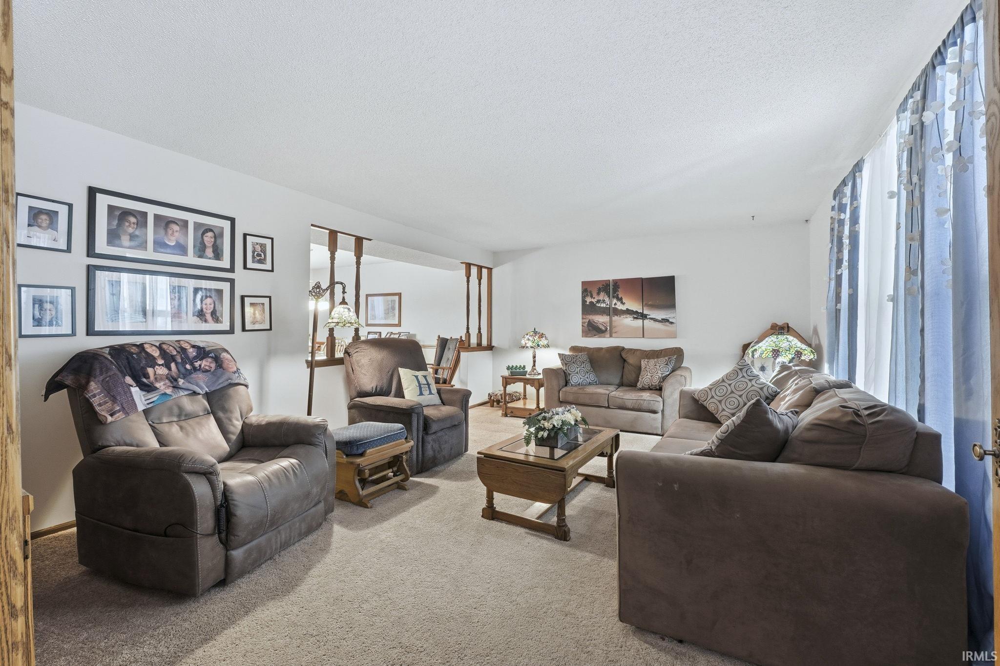 Living room with carpet floors, a textured ceiling, and healthy amount of natural light