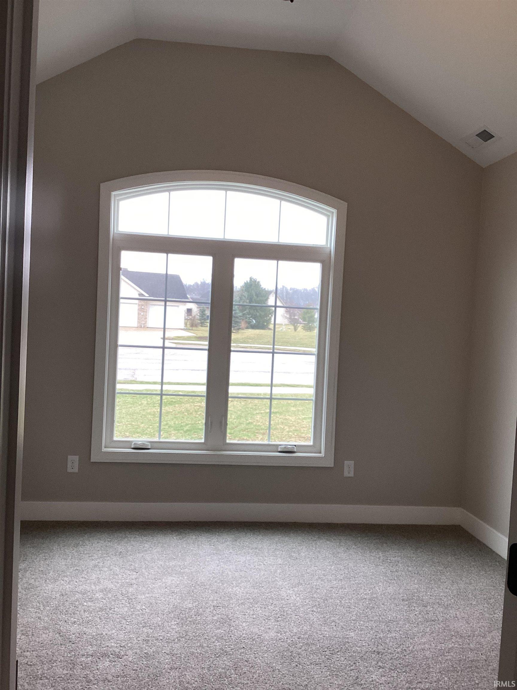Carpeted spare room with lofted ceiling