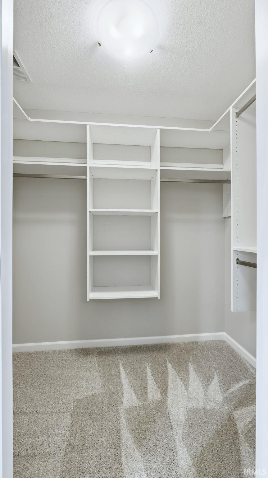 Walk in closet featuring light colored carpet